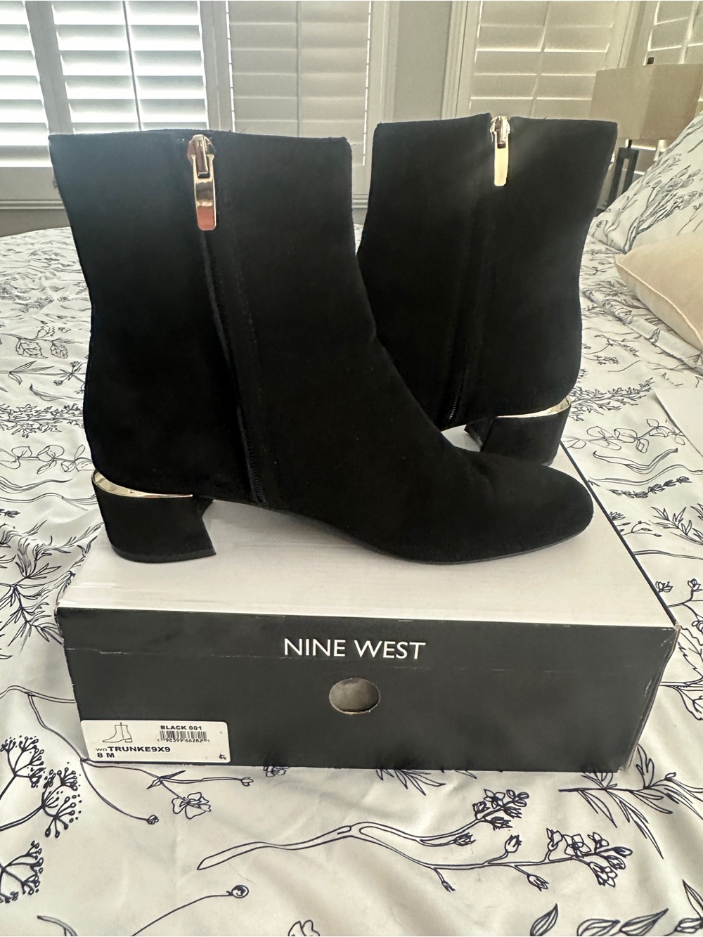 Nine West Black Suede Ankle Booties with Gold Hardware